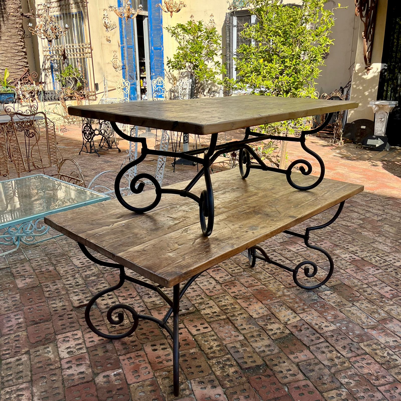 Rustic Wood and Wrought Iron Dining &amp; Coffee Tables, European, Late 20th Century