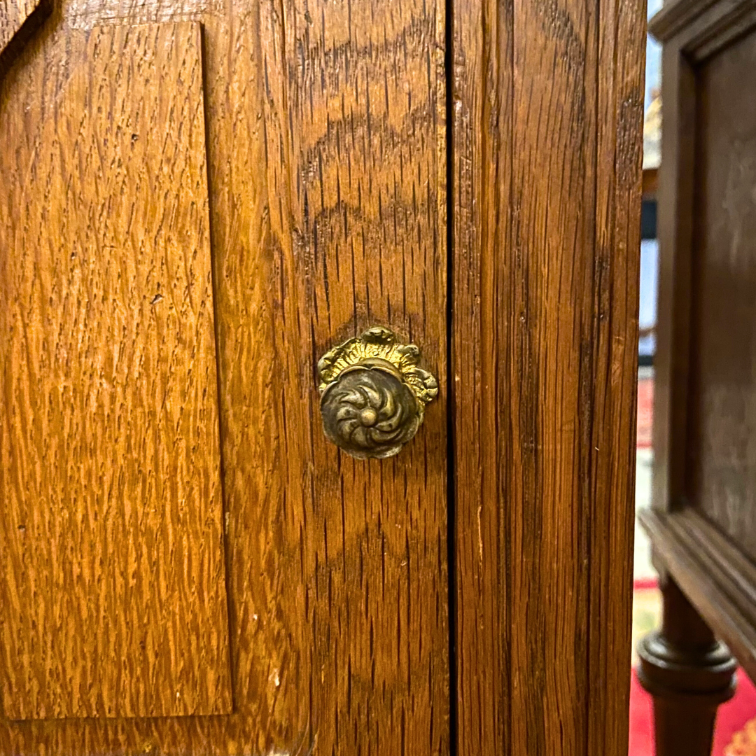 Antique Carved Oak Bedside Pedestals with White Marble Top