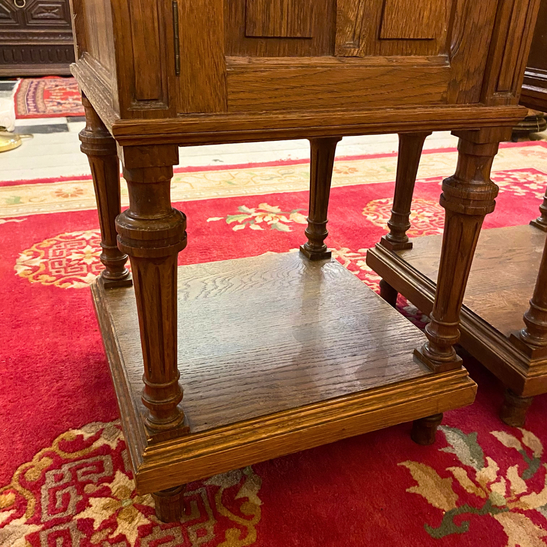 Antique Carved Oak Bedside Pedestals with White Marble Top - SOLD