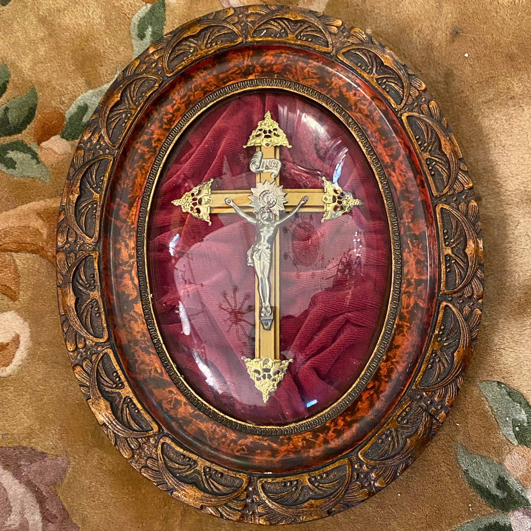 A Very Special Antique Crucifix in a Curved Glass Frame