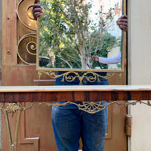 Antique Brass Mirror and Console with Wood Detailing