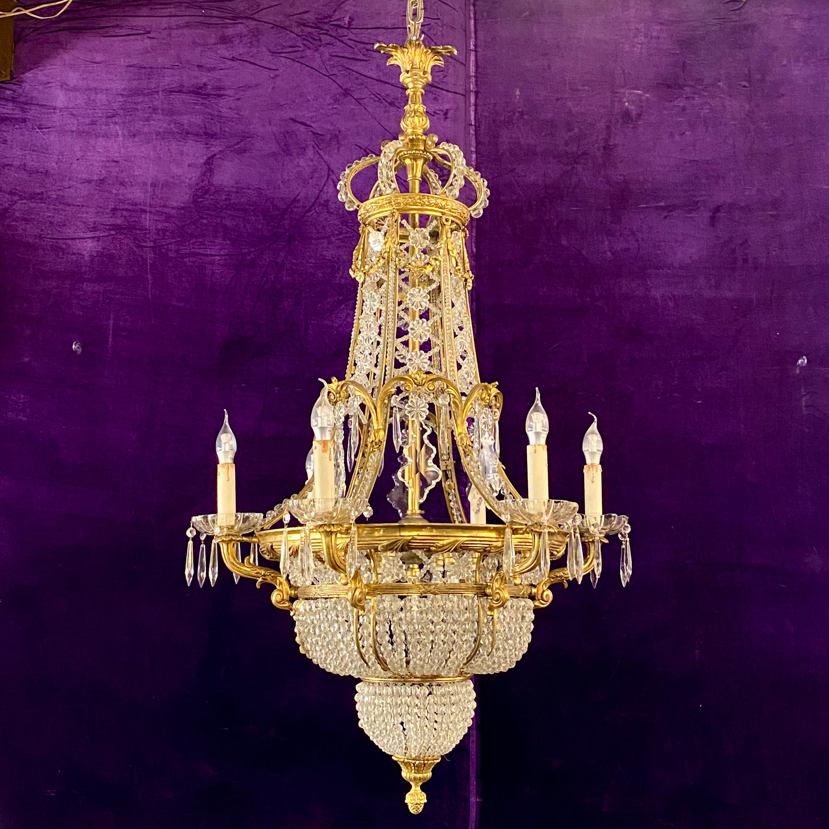 Very Rare Gilt Brass & Crystal Neoclassical Chandelier