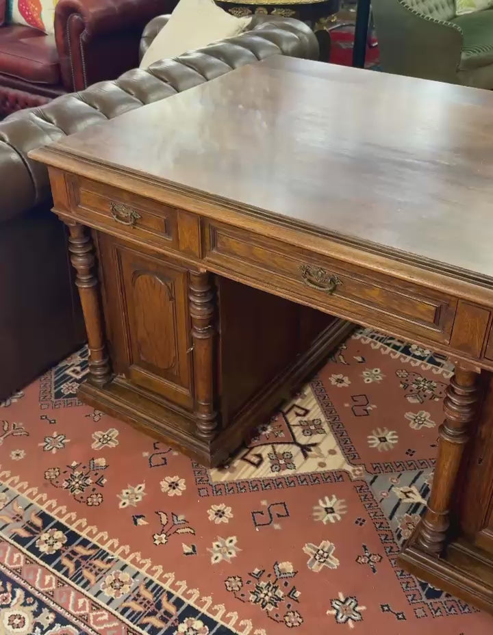 Oak Partner’s Desk with Panelled Sides and Turned Columns, Early 20th Century