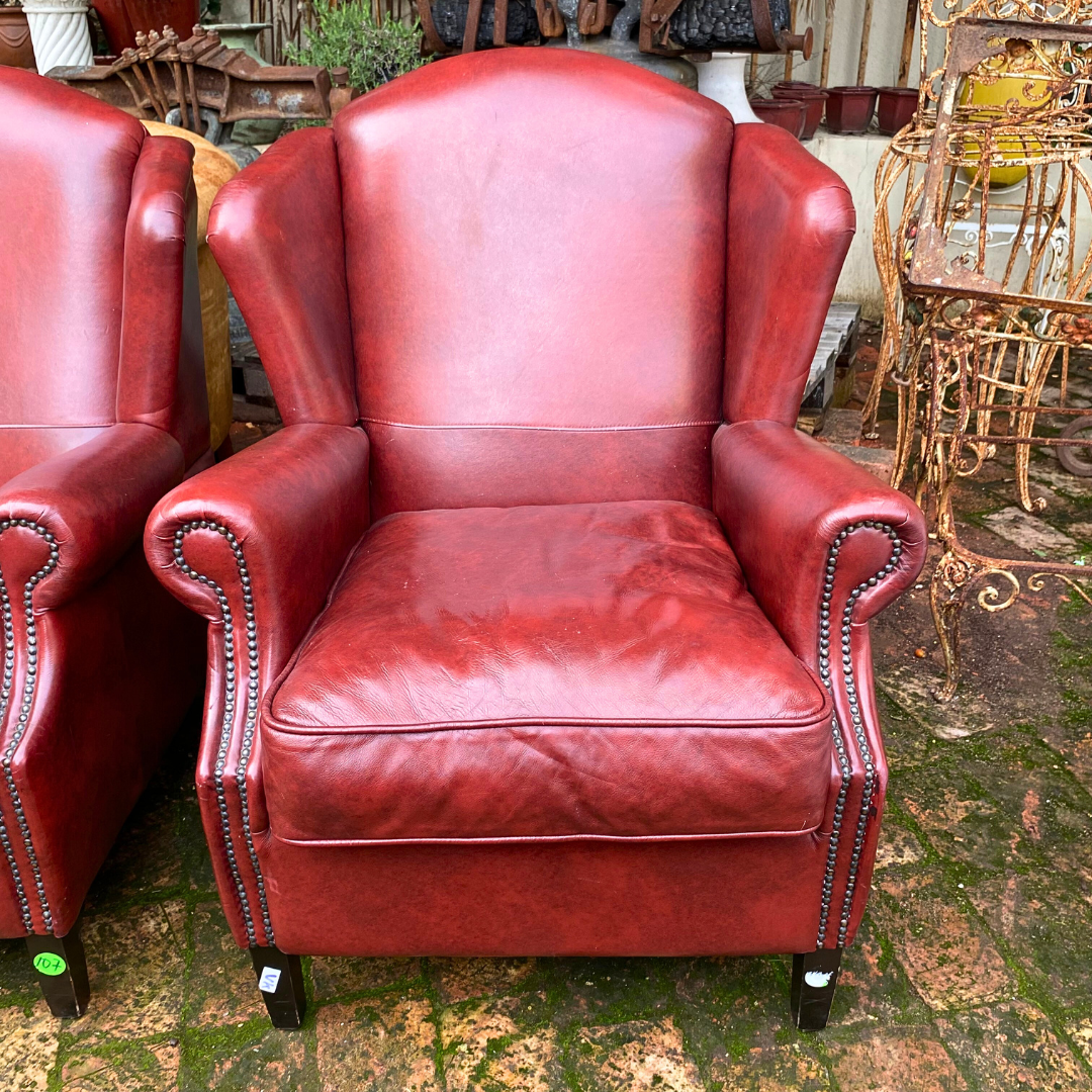 Pair of Burgundy Leather Wingback Armchairs