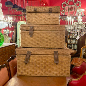 3 Piece Set Wicker Baskets with Leather Straps