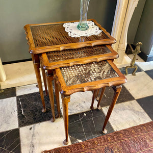 Beautiful Antique Oak and Rattan Nesting Tables - SOLD