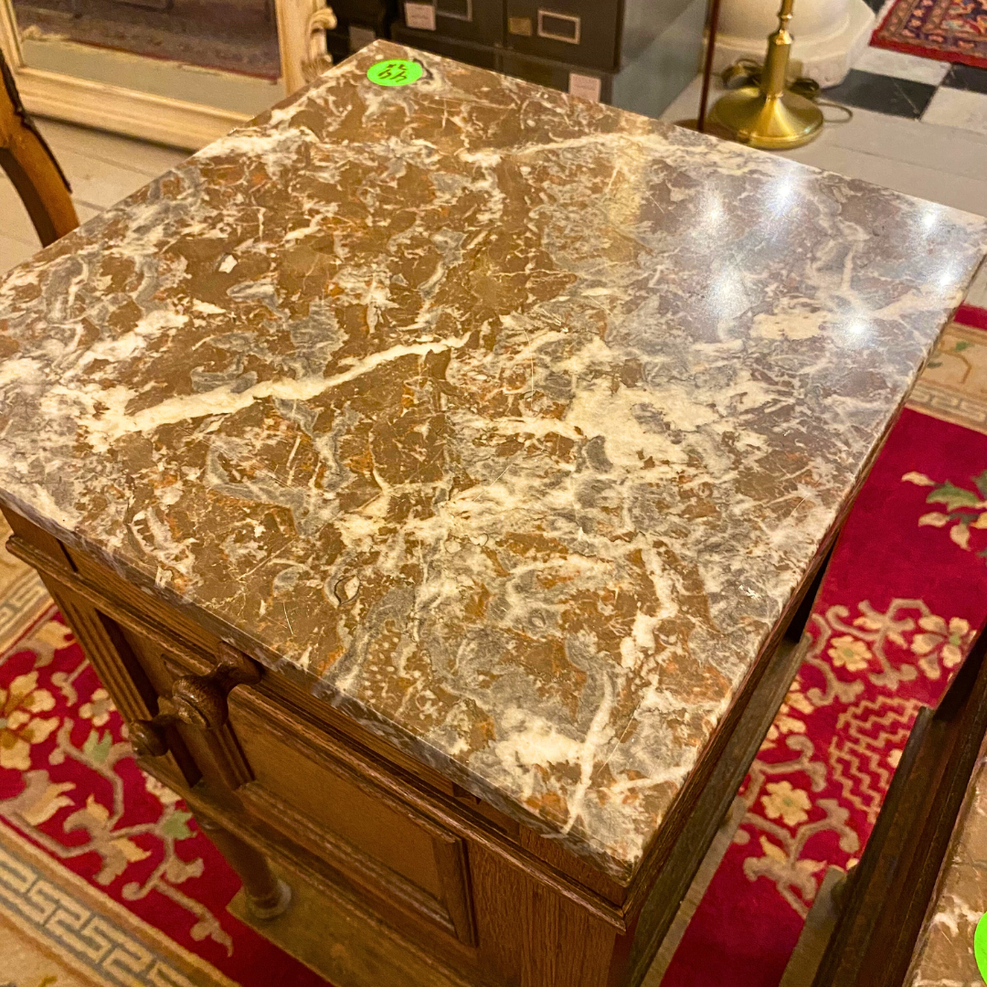 Antique Pair of Bedside Pedestals with Mottled Marble Top