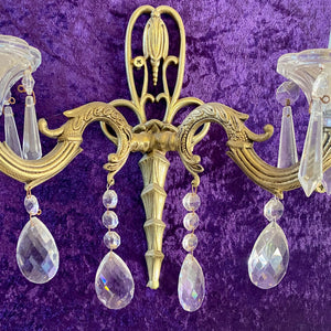 An Antique Cast Brass and Crystal Wall Sconce