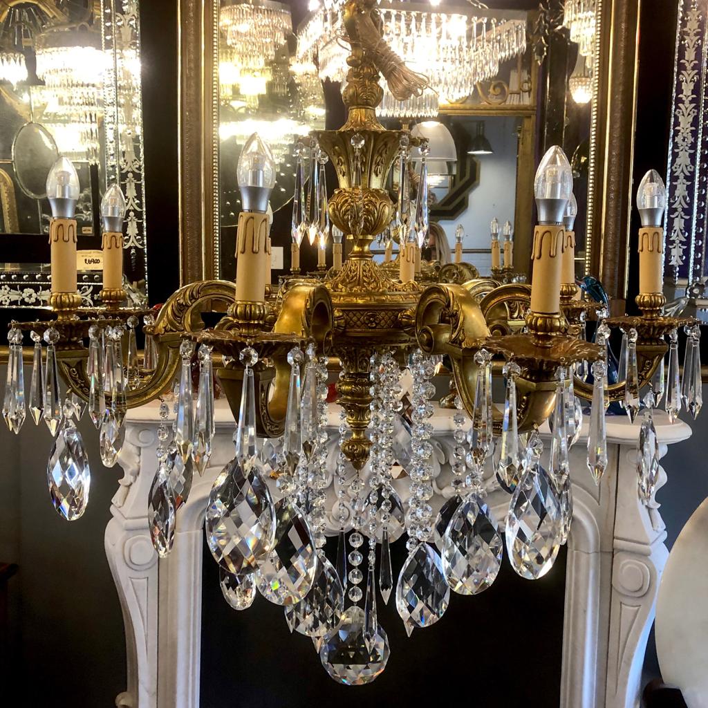 Heavy Antique Mazarine Chandelier with Crystals Drops