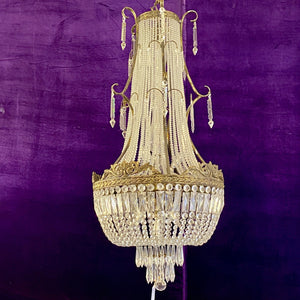 Aged Brass and Crystal Neoclassical Chandelier