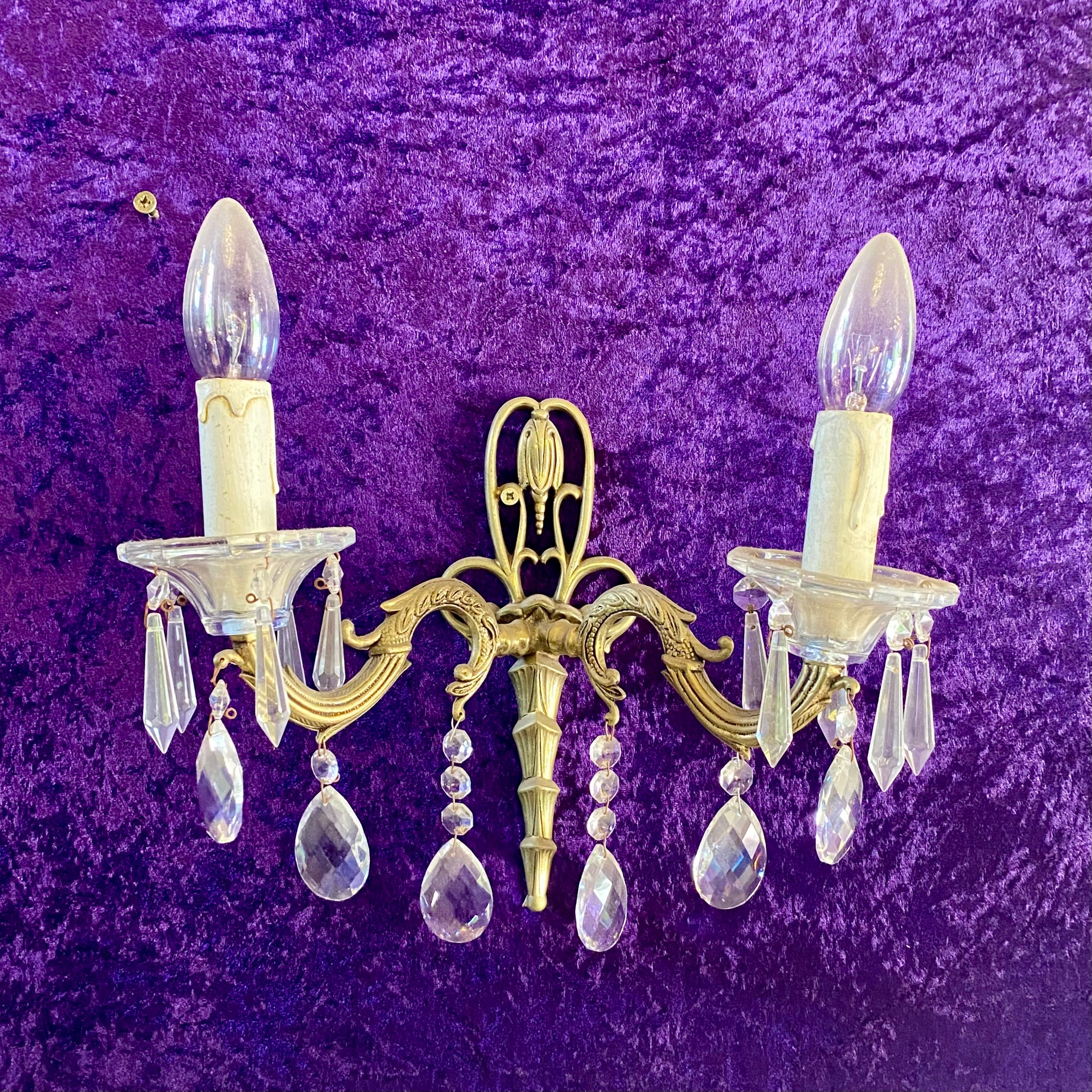 An Antique Cast Brass and Crystal Wall Sconce