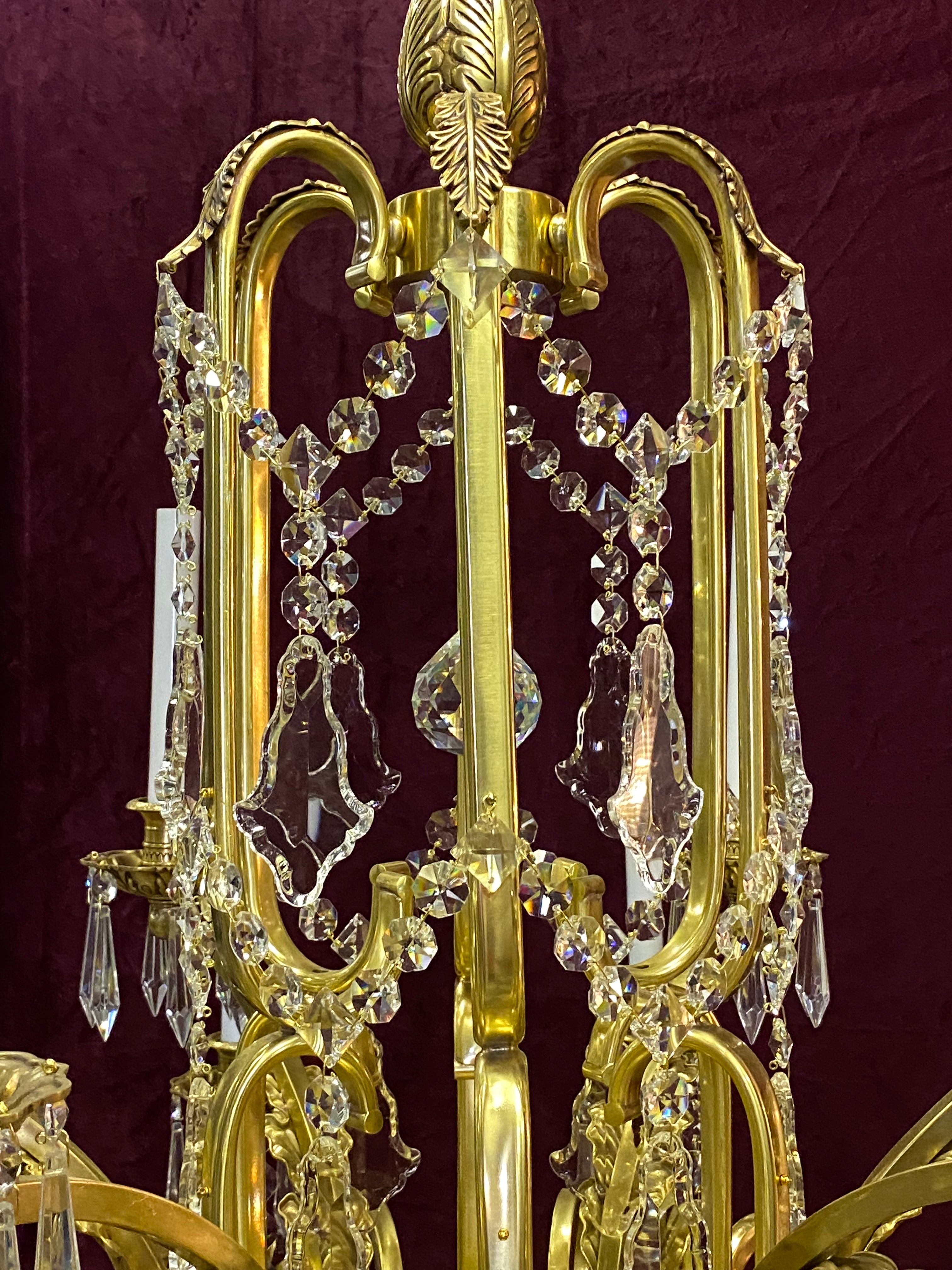 Very Large Brass and Crystal Chandelier with Leafy Details