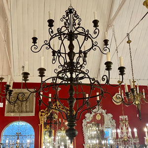 Extremely Large Wrought Iron and Dark Wood Chandelier