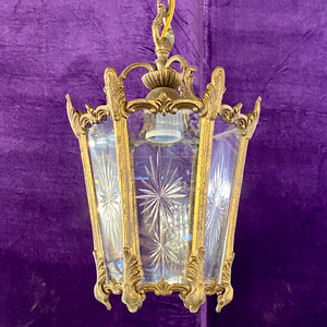 Antique Cast Brass Lantern with Etched Glass