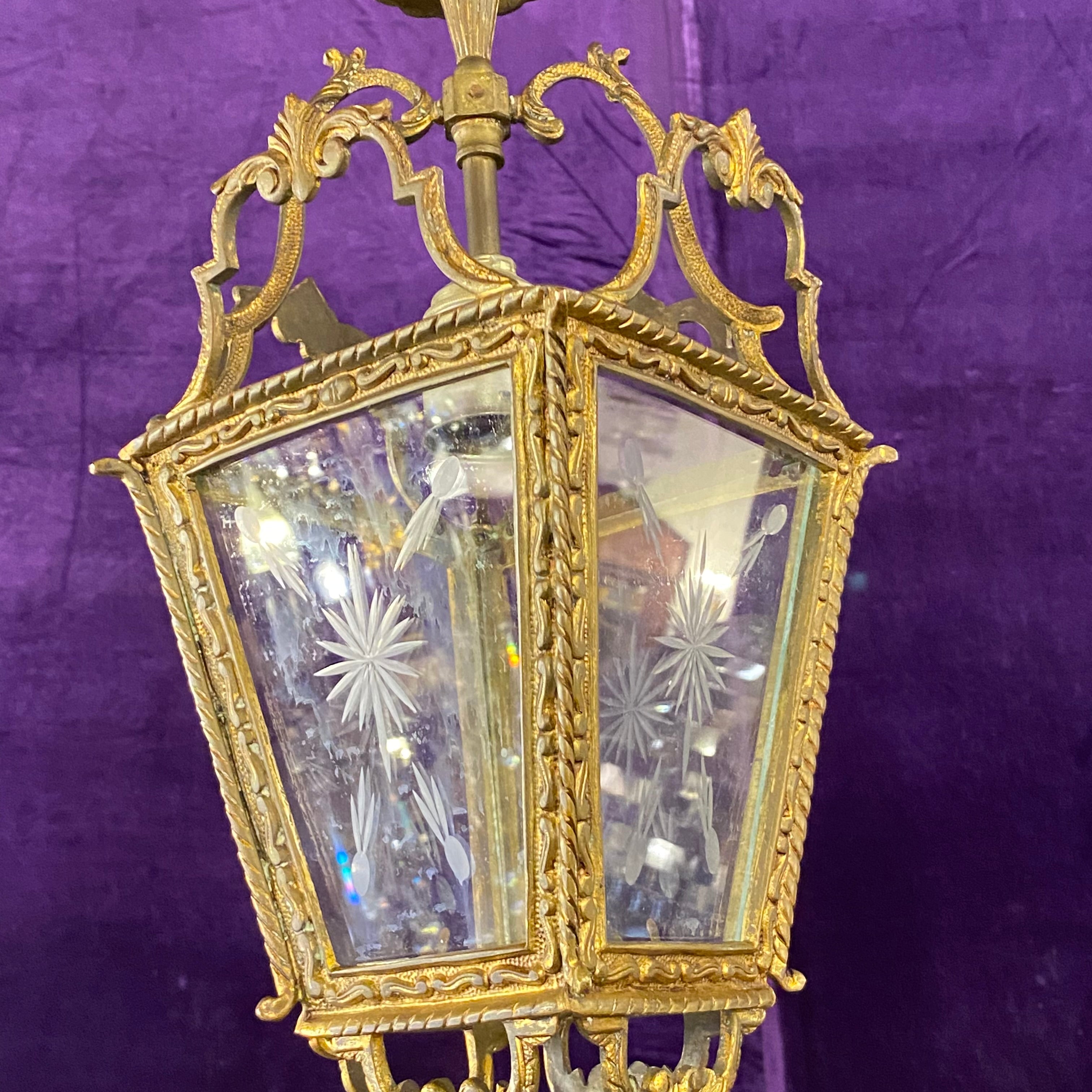 Antique Brass Lantern with Etched Glass