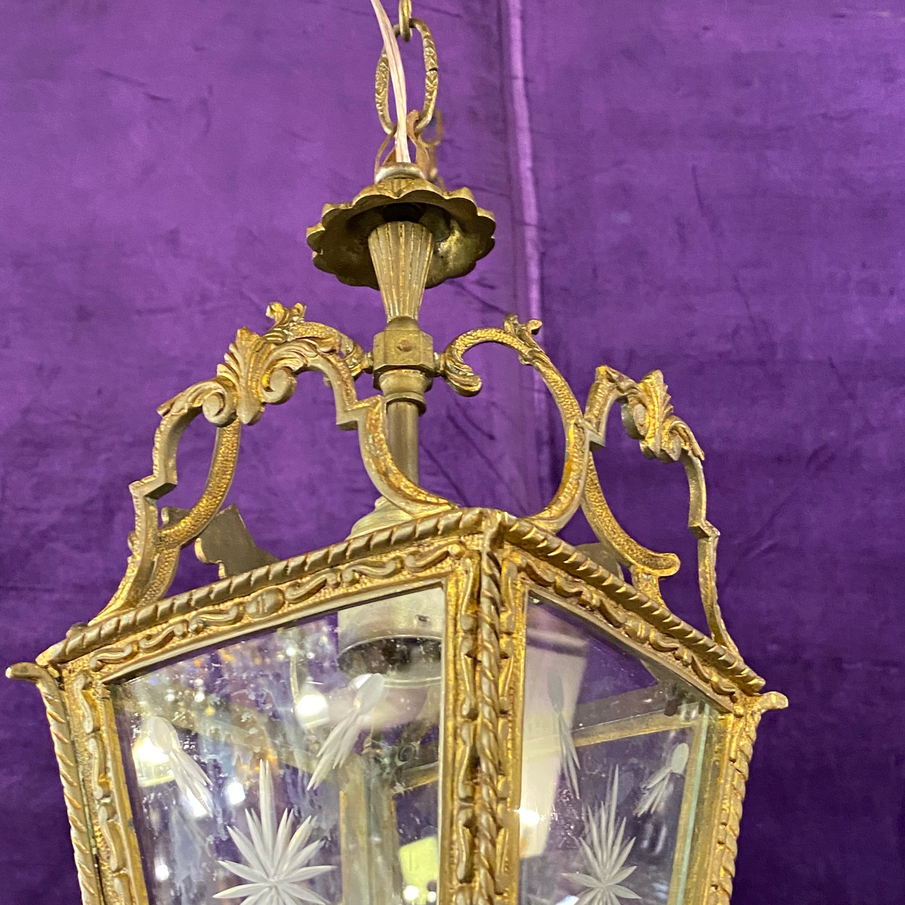 Antique Brass Lantern with Etched Glass