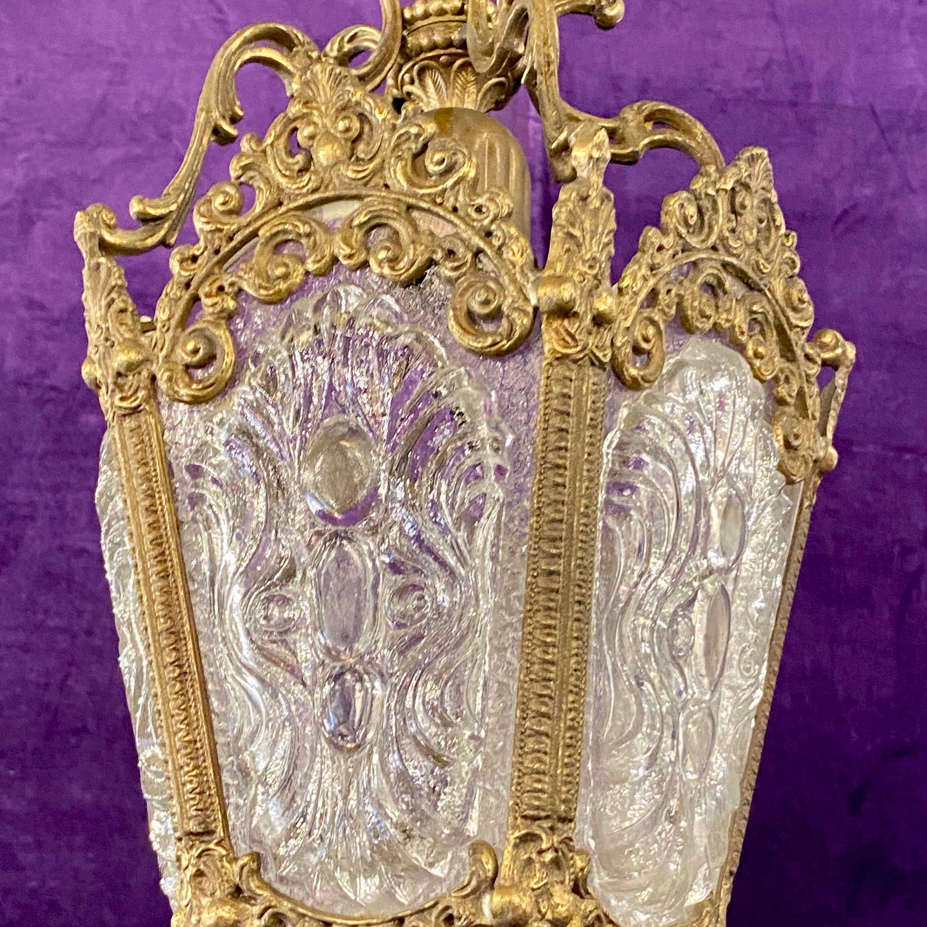 Antique Brass Lantern with Original Pressed Glass