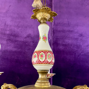 Antique Porcelain Chandelier with Burgundy Details