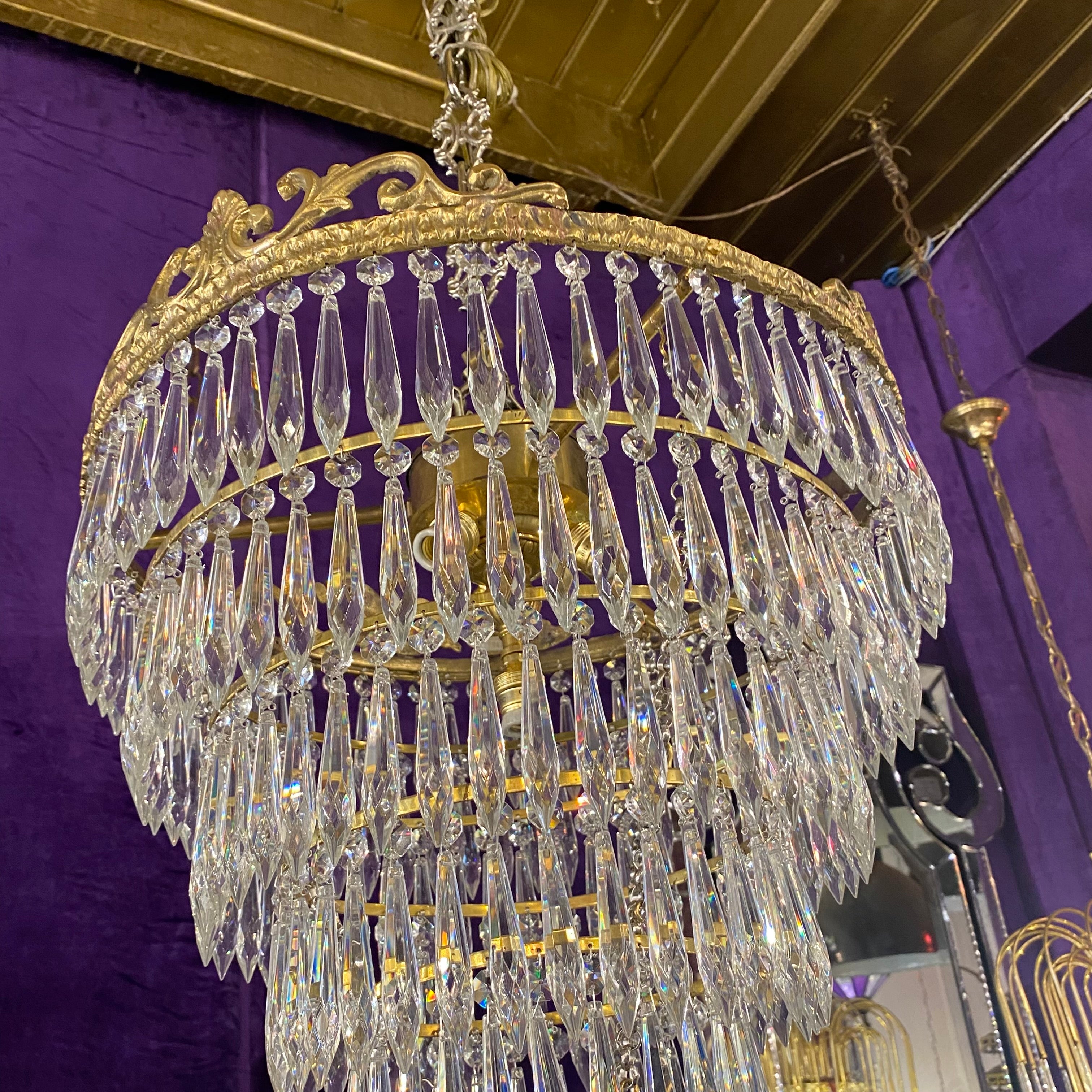 Brass and Crystal Waterfall Chandelier
