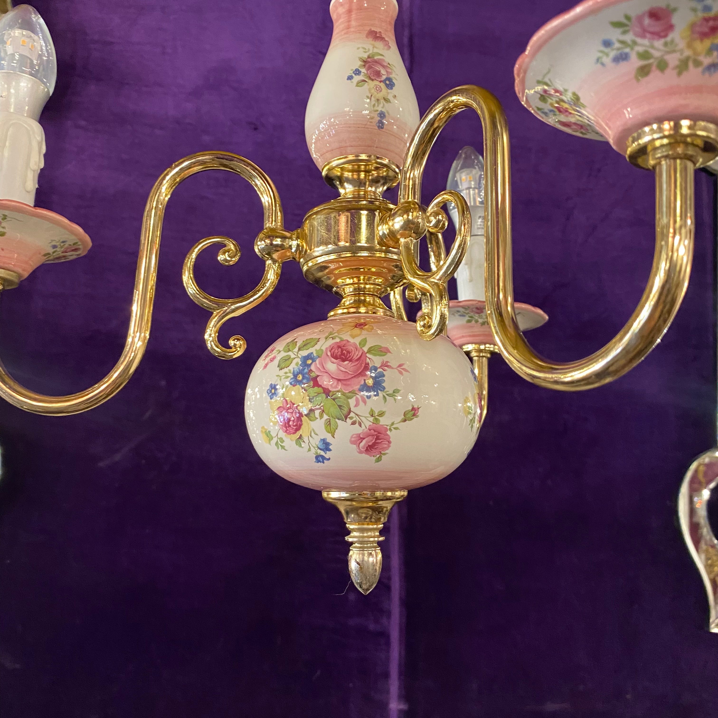 Pretty Pink Delft Brass Chandelier