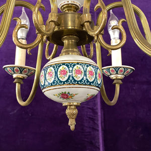 Antique Porcelain and Brass Chandelier