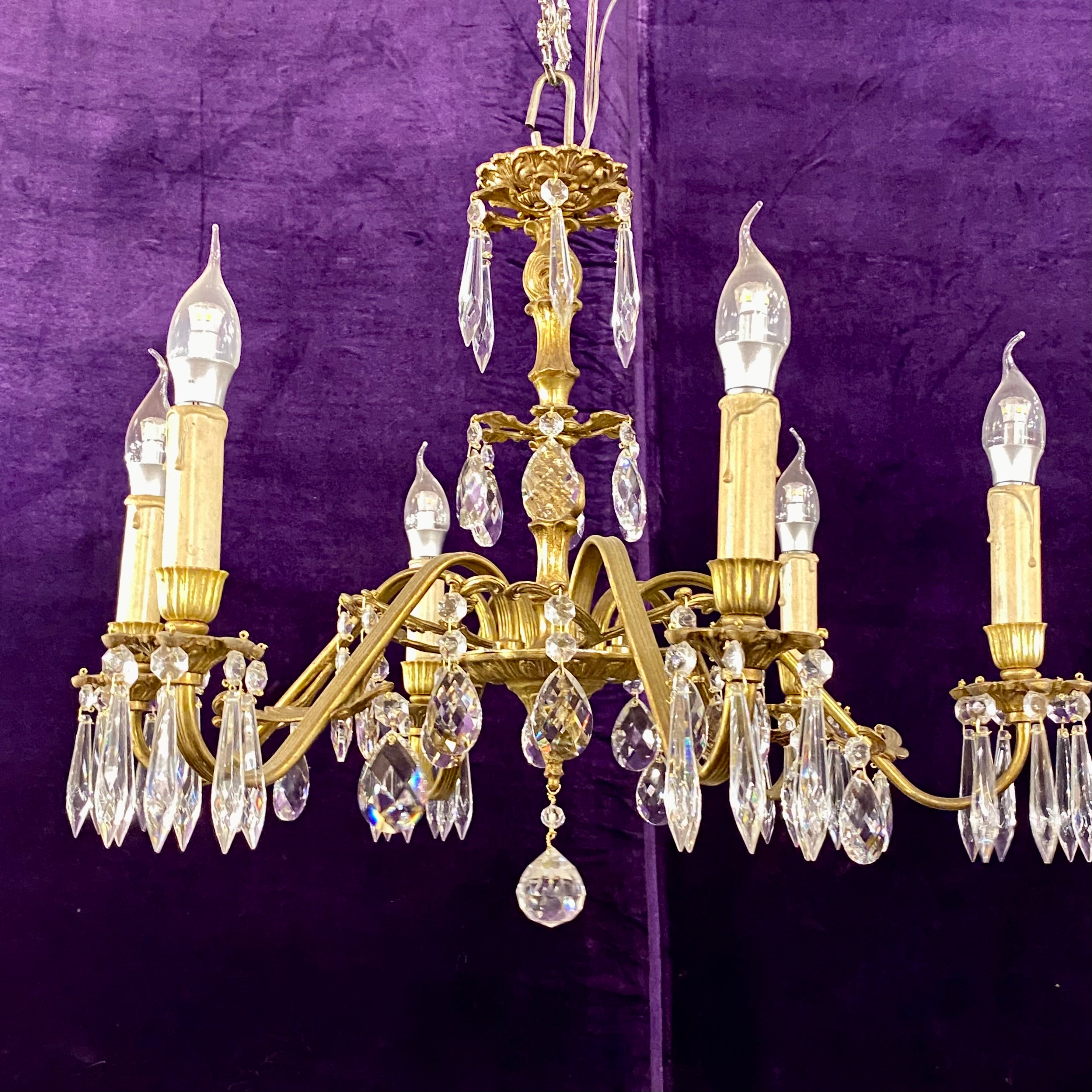 Delicate Antique French Cast Brass & Crystal Chandelier – Delos Antiques