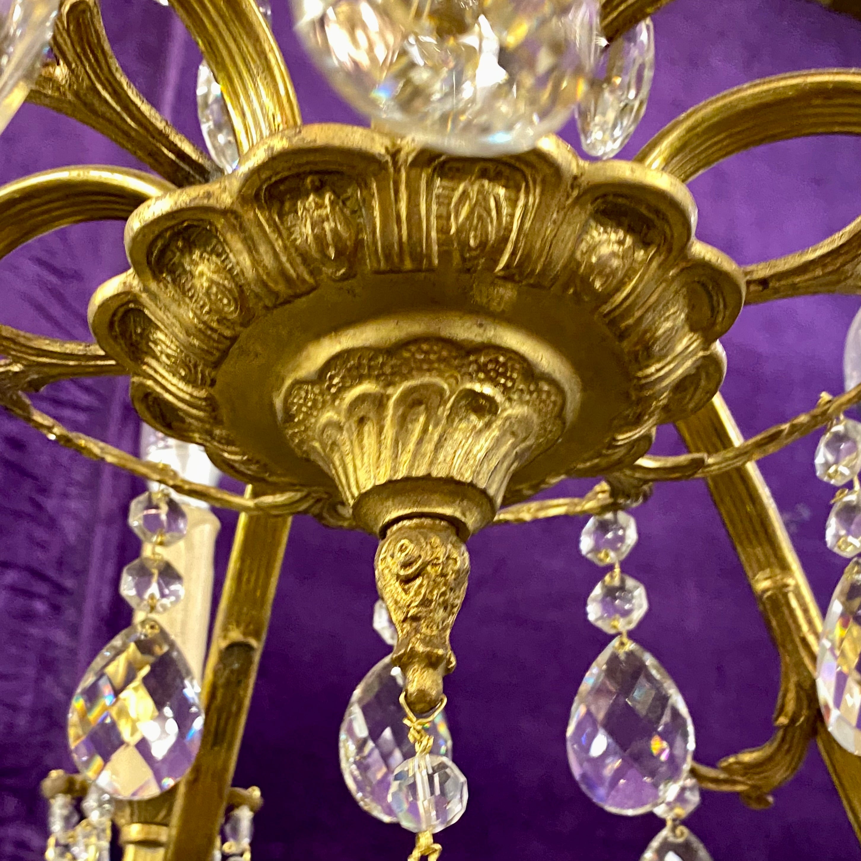 Delicate Antique French Cast Brass & Crystal Chandelier