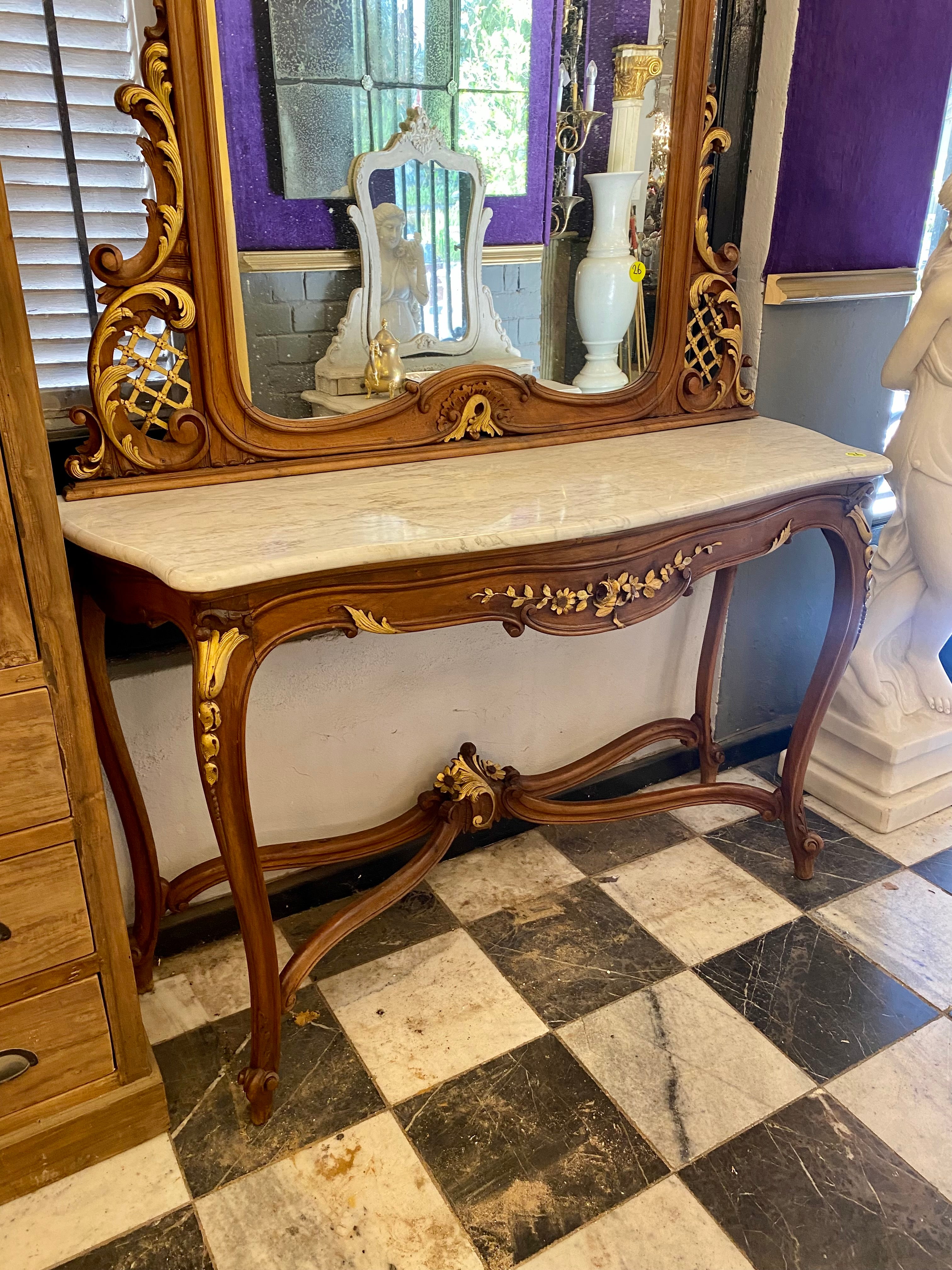 Art Nouveau Walnut Mirror & Console Set