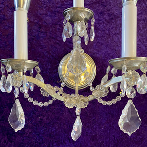 Pair Three Arm Antique Silver and Crystal Wall Sconces