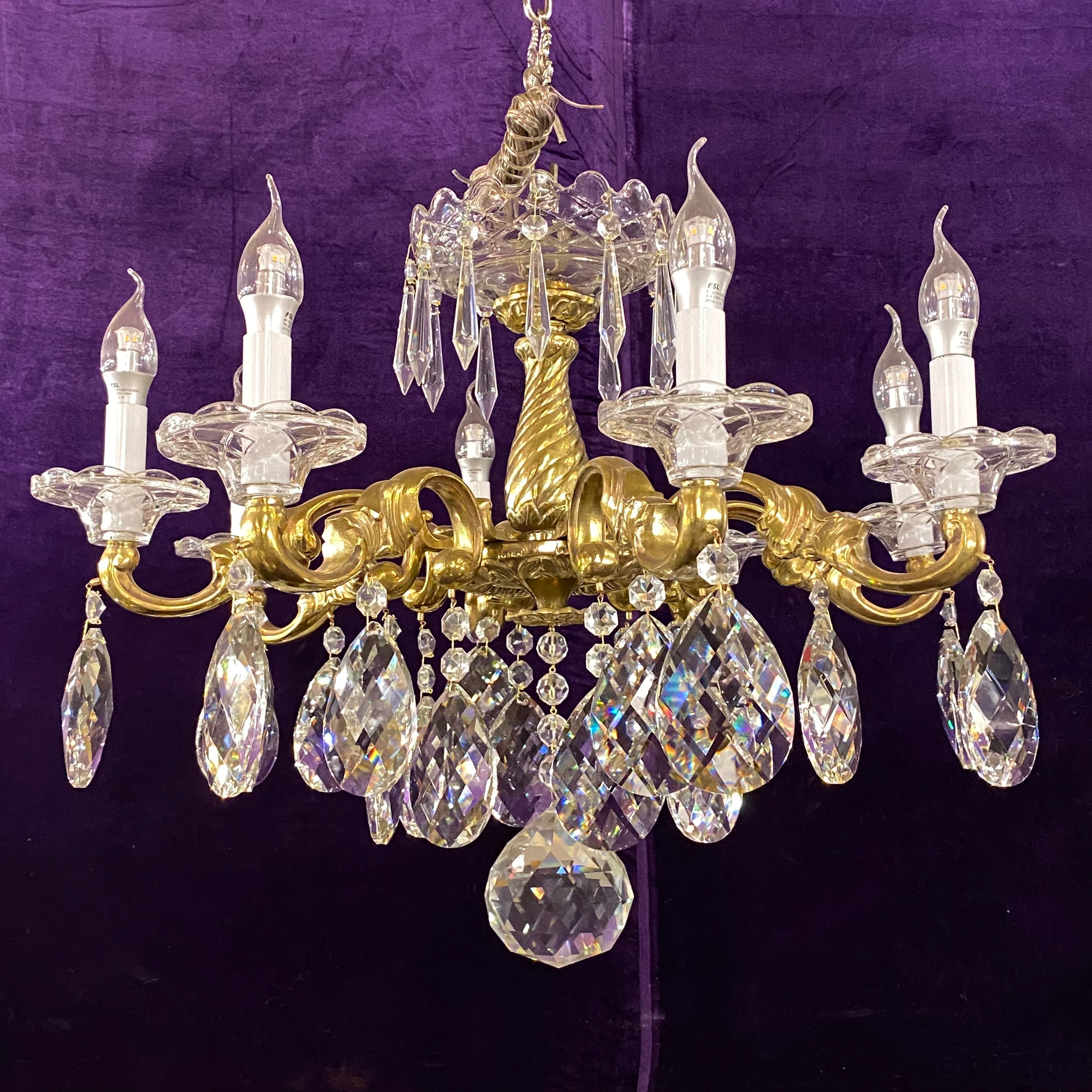 Antique Brass & Crystal Chandelier with Twist Detail