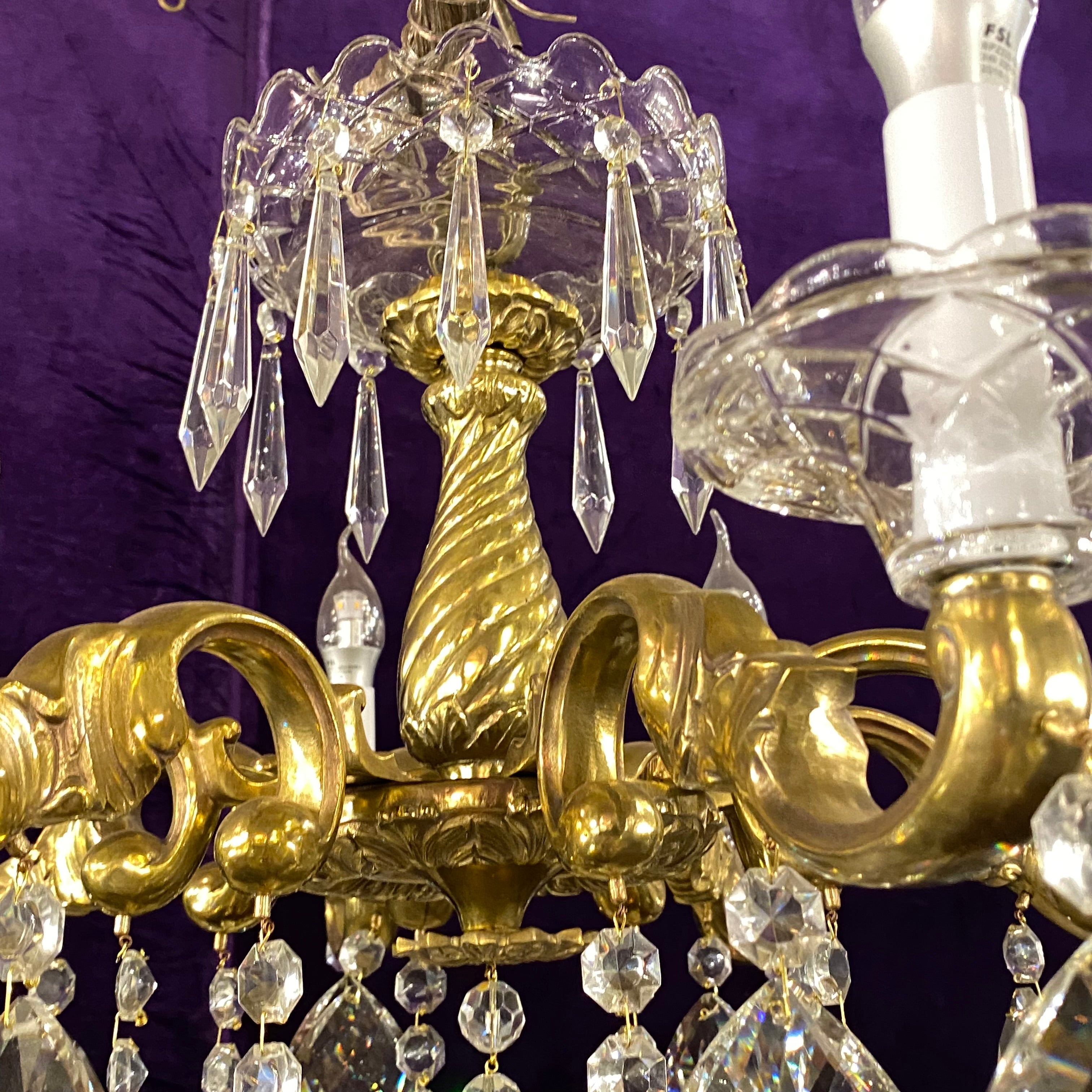 Antique Brass & Crystal Chandelier with Twist Detail