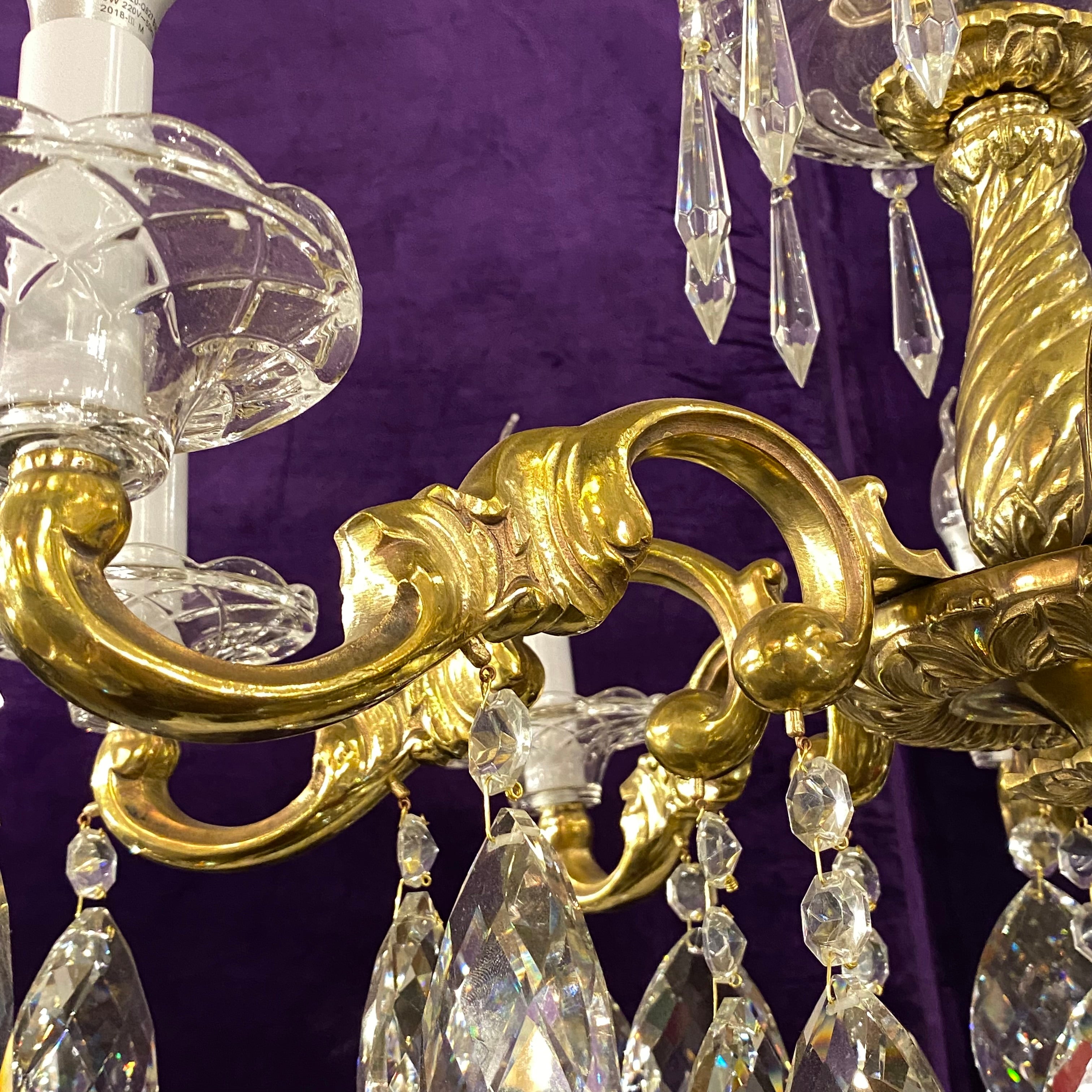 Antique Brass & Crystal Chandelier with Twist Detail