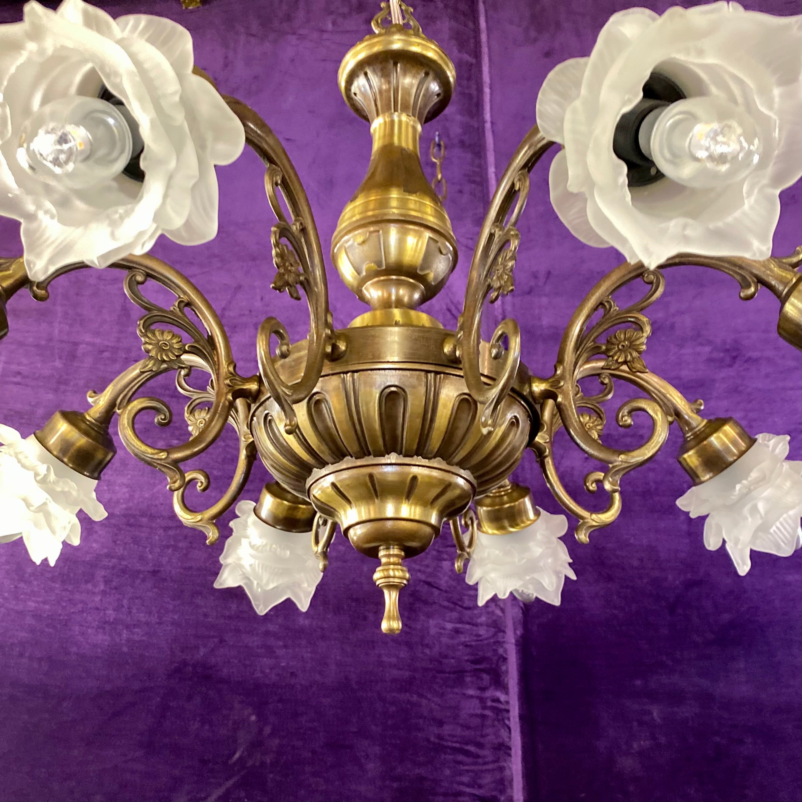 Antique Brass Chandelier with Frosted Glass Shades