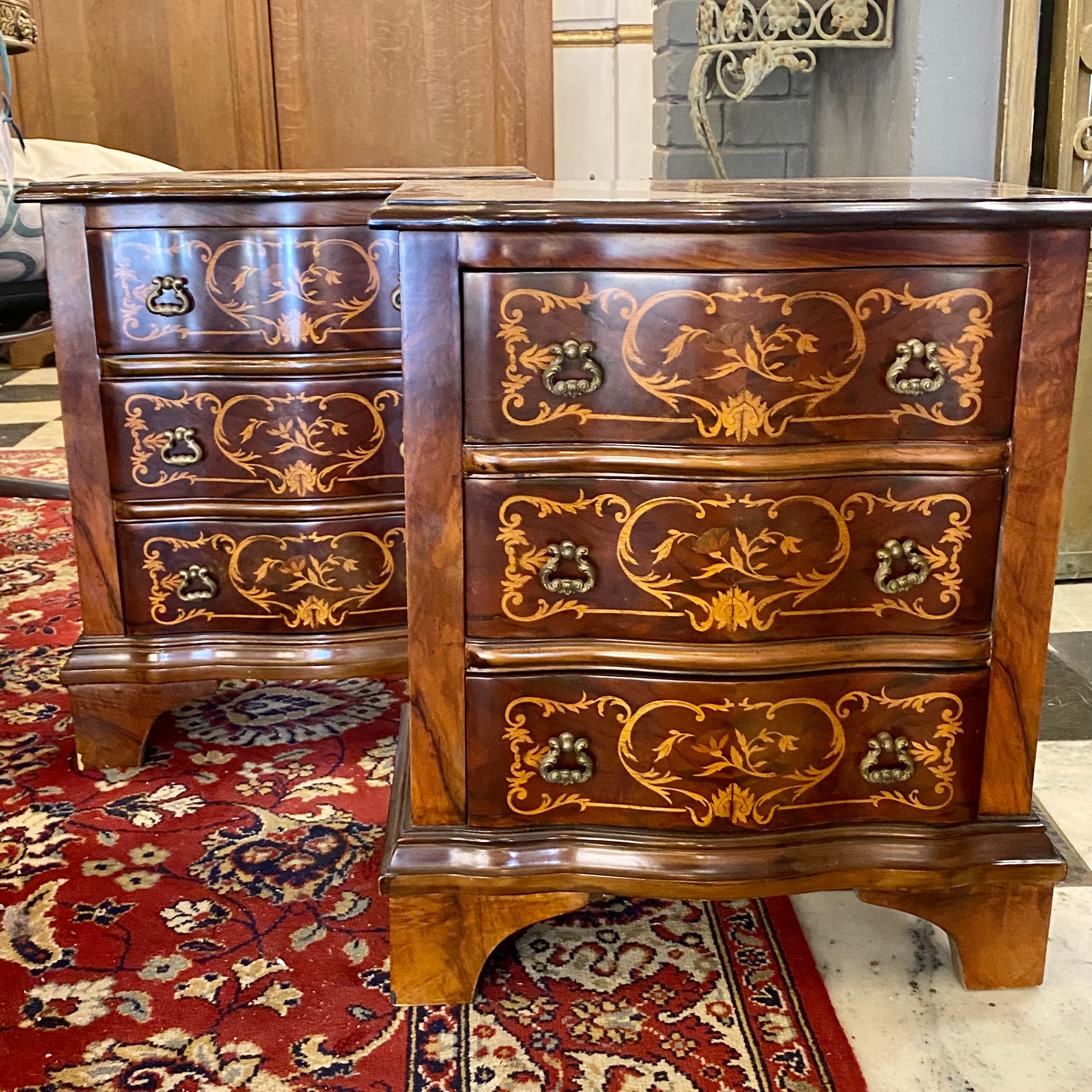 Pair Inlaid Polished Mahogany Bedside Tables