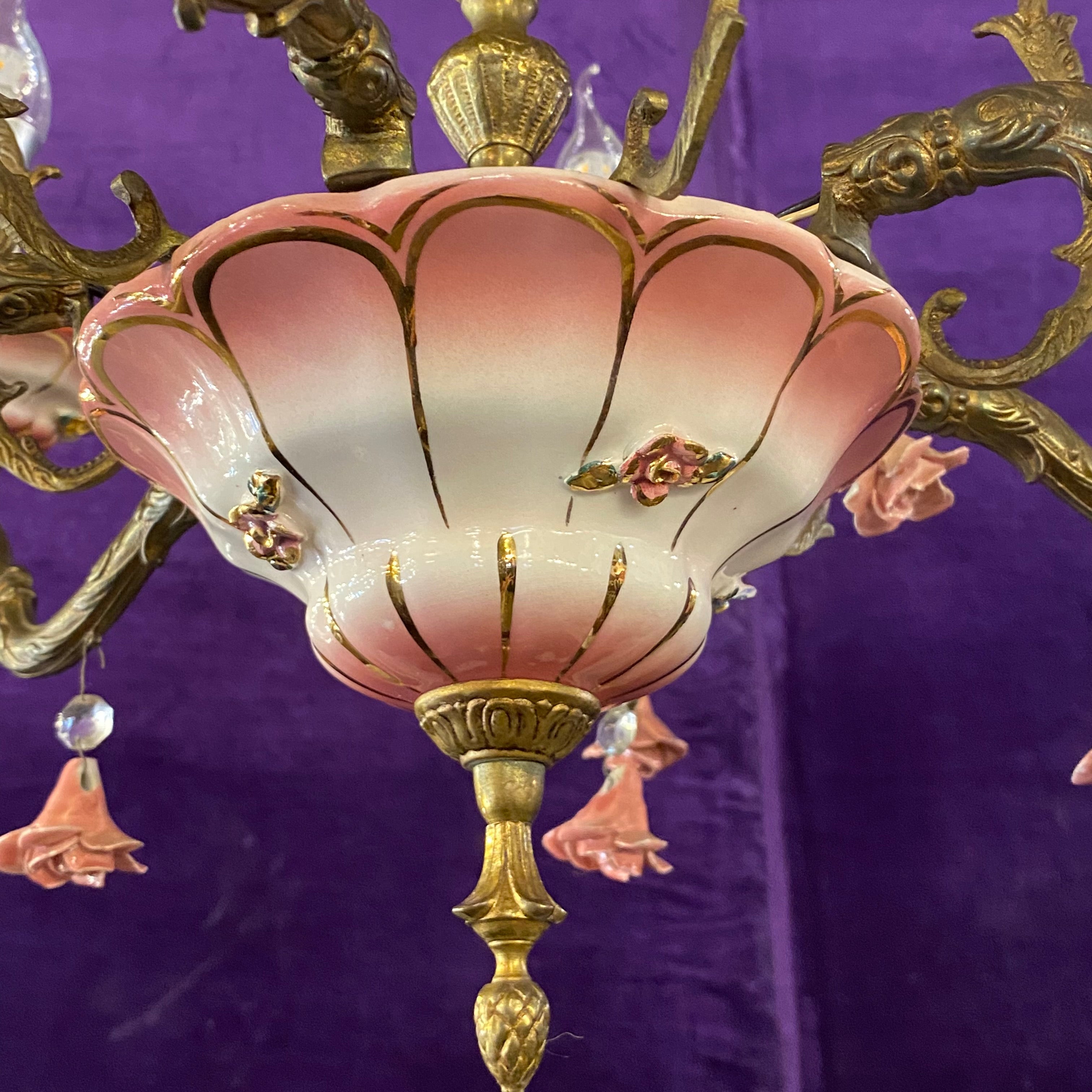 Exquisite Gold & Pink Capodimonte Porcelain Chandelier