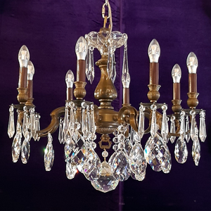 Heavy Aged Brass Chandelier with Crystals
