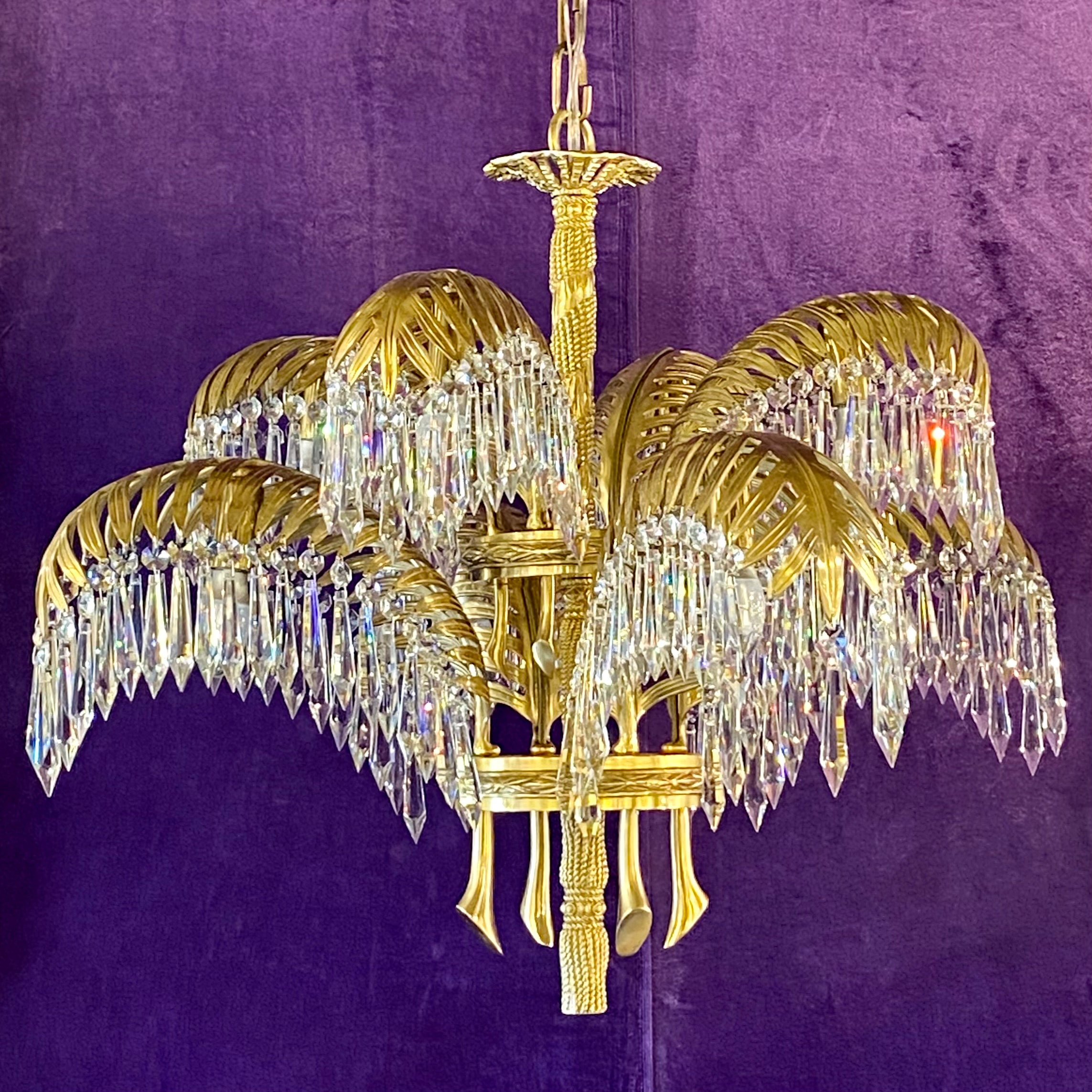 Brass and Crystal Palm Tree Chandelier (Large)