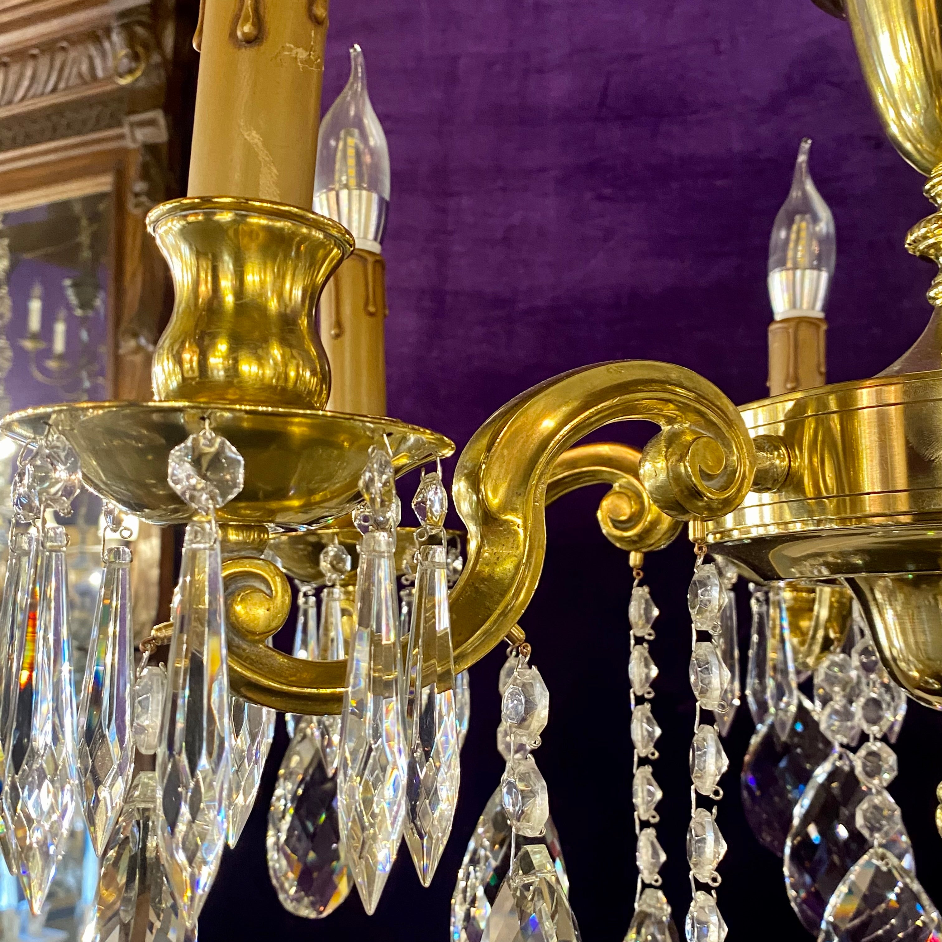 Heavy Polished Brass Chandelier with Tear Drop Crystals