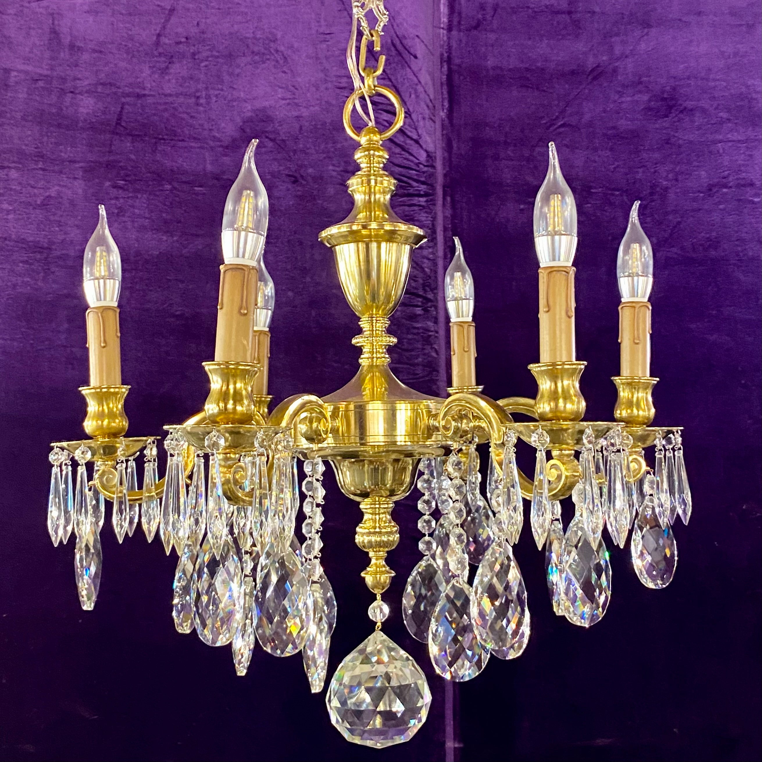 Heavy Polished Brass Chandelier with Tear Drop Crystals