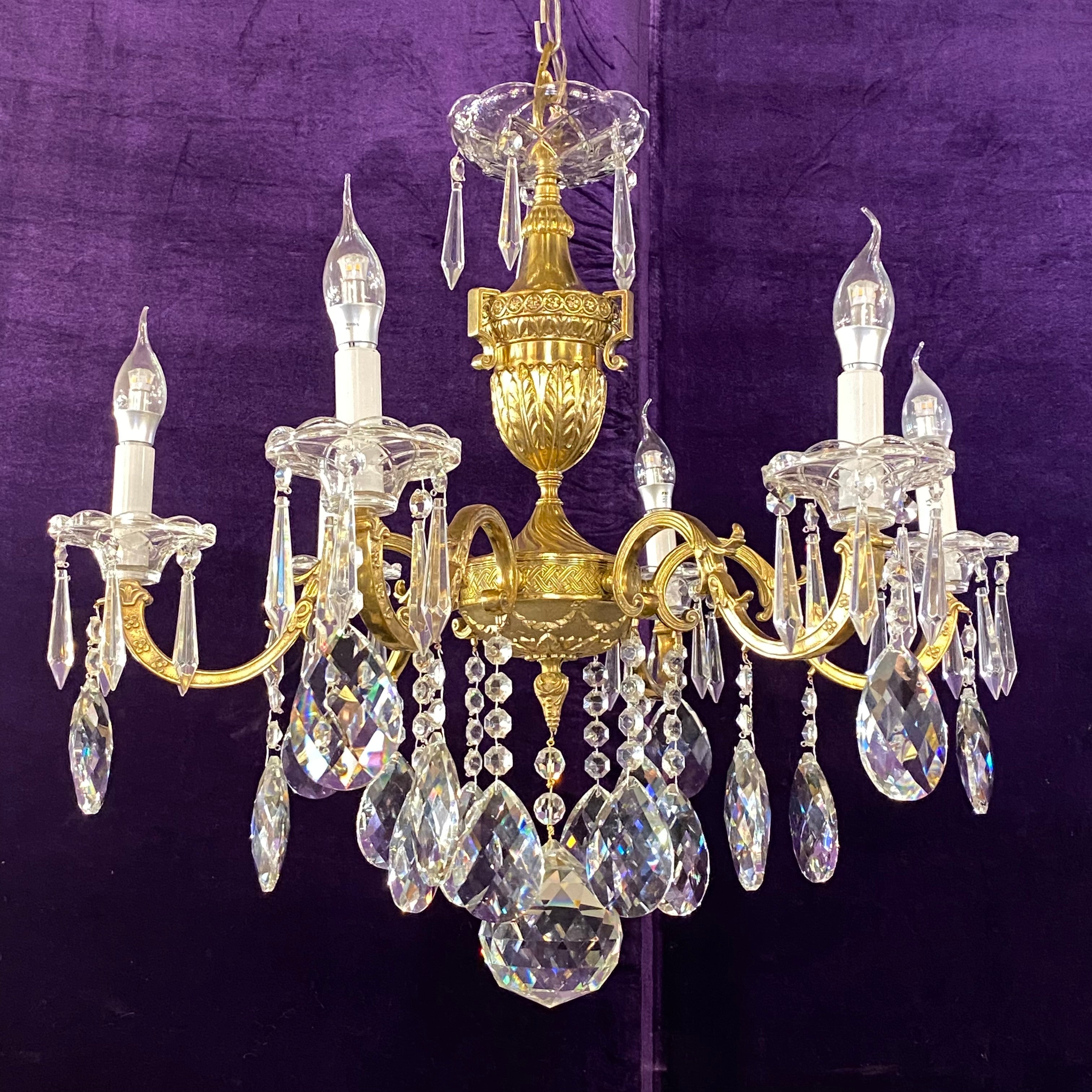 Antique Polished Brass Chandelier with Empire Style Details – Delos Antiques