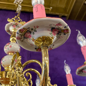 Elegant White Delft Chandelier with Pink Accents