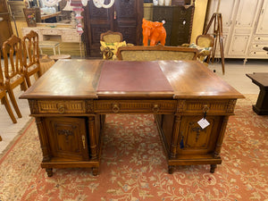 Antique Edwardian Walnut Partner's Desk with Tooled Leather Top