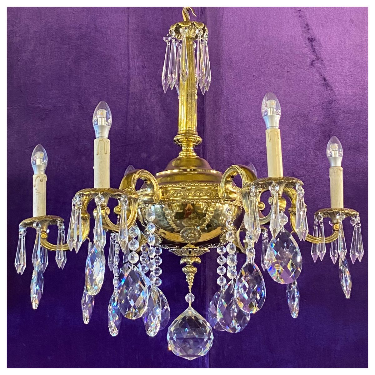 Very Heavy Antique Brass Chandelier with Crystals