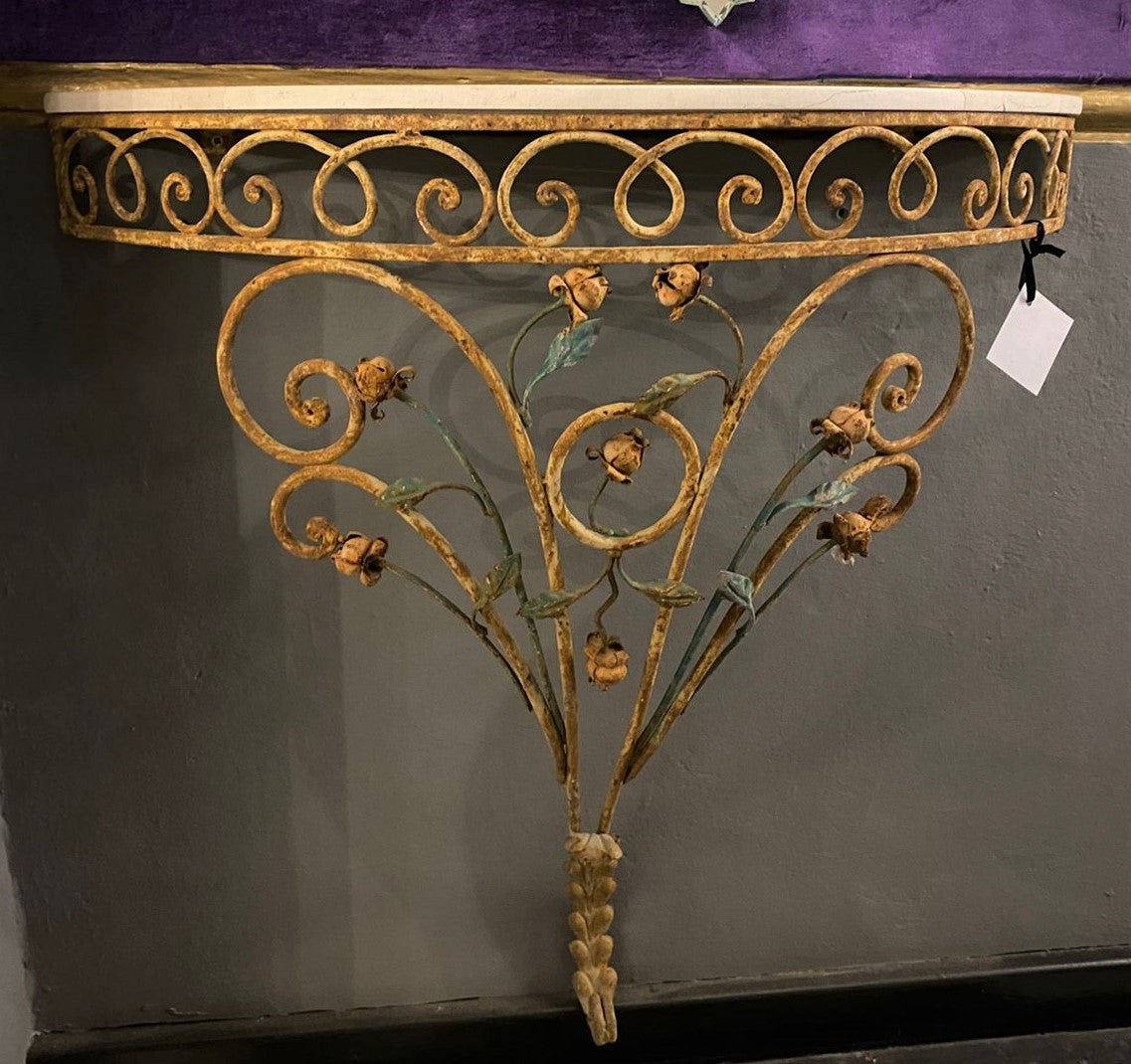 Distressed Wrought Iron Console with Marble Top
