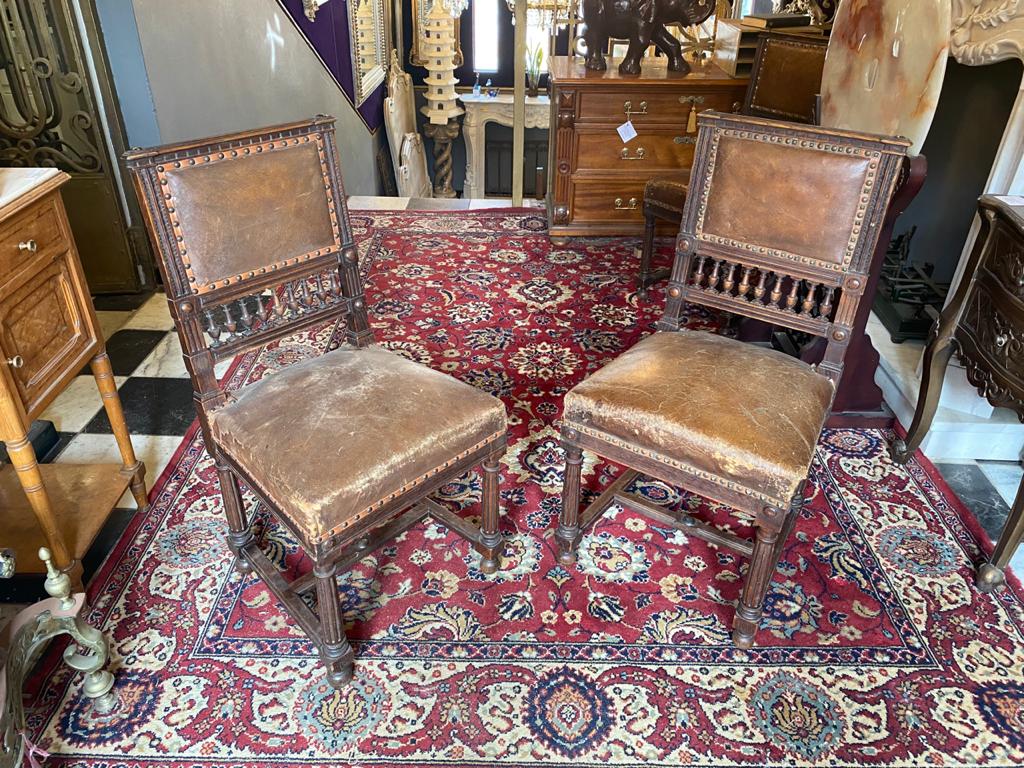 Beautiful Antique Leather and Oak Dining Chairs