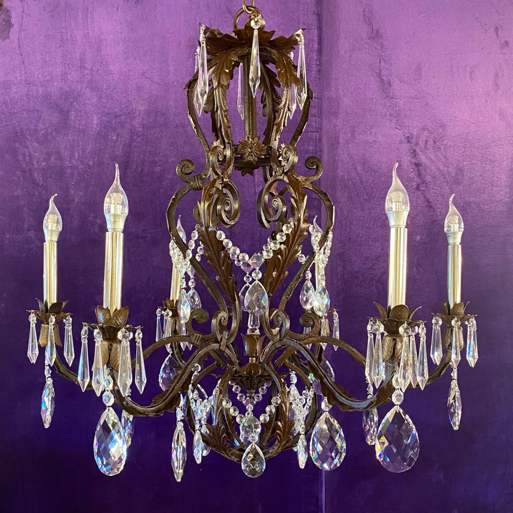 Vintage Wrought Iron and Crystal Chandelier