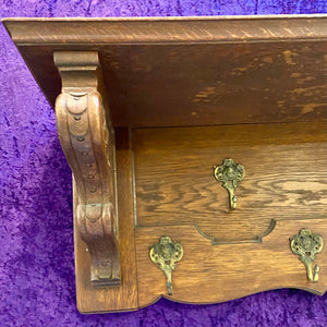 Antique Oak Coat Rack with Brass Hooks