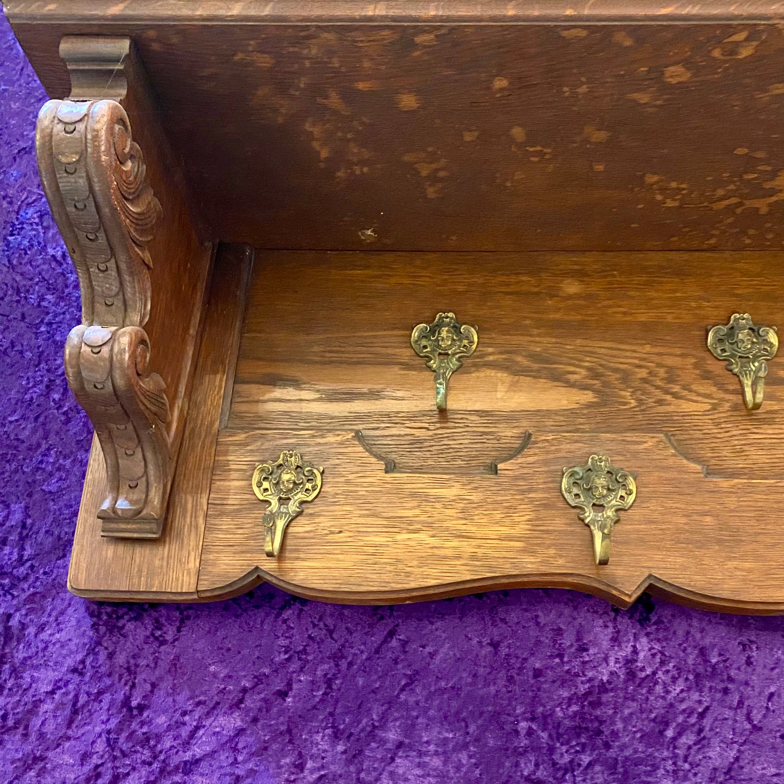 Antique Oak Coat Rack with Brass Hooks