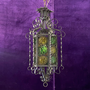 Antique Wrought Iron Lantern with Stained Glass
