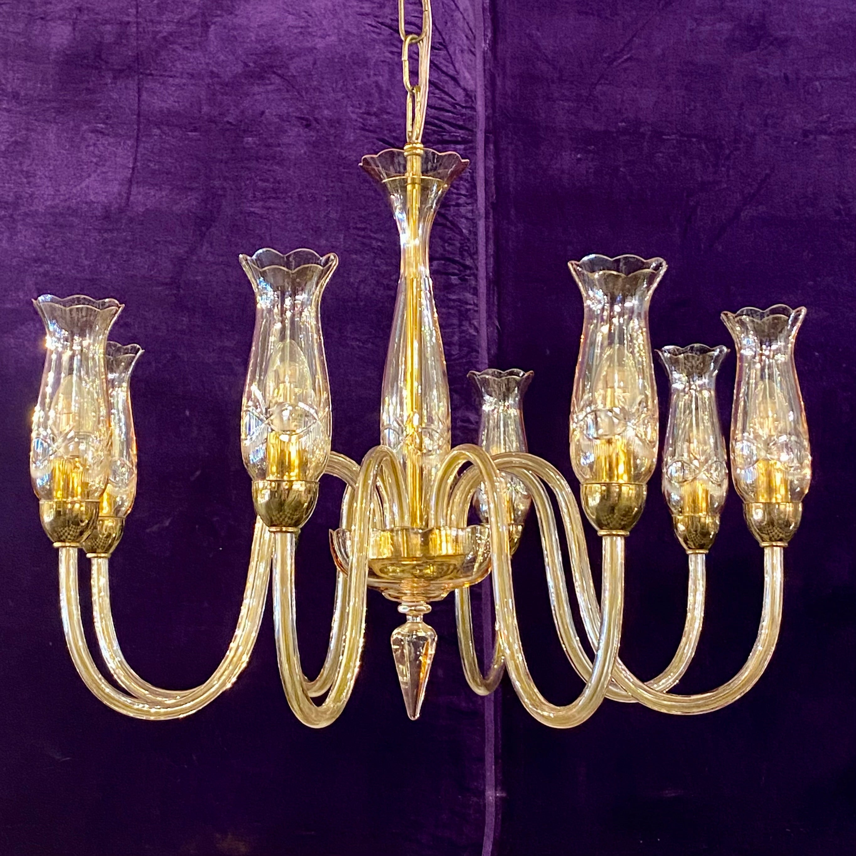 Antique Venetian Chandelier with Etched Shades